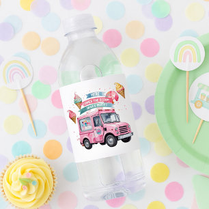 "Here Comes the Scoop! Pink Ice Cream Truck Water Bottle Label