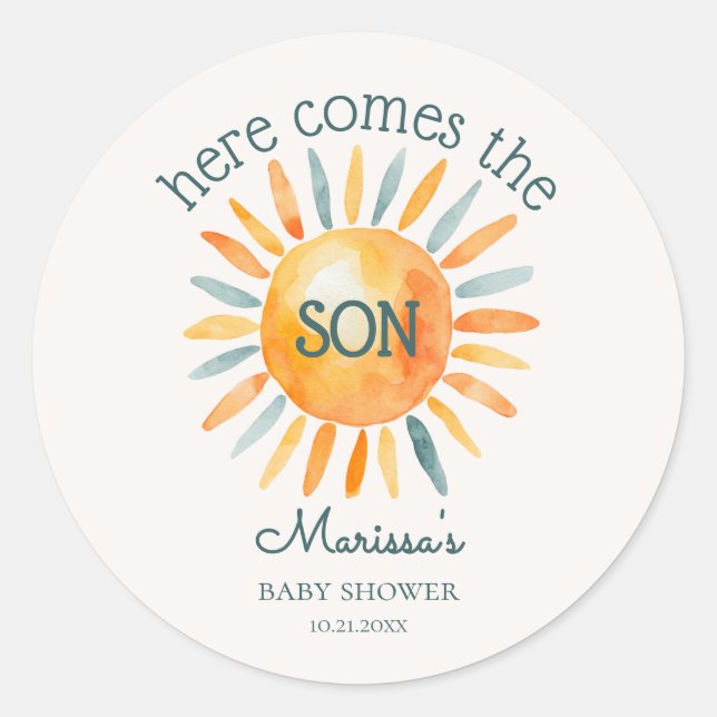 Here Comes the Son Baby Boy Shower Classic Round Sticker (Front)
