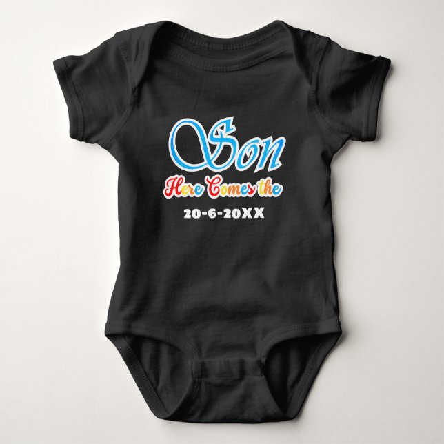 Here comes the son Baby shower Baby Bodysuit (Front)