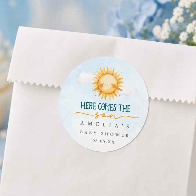 Here Comes the Son Baby Shower Classic Round Sticker (Here Comes the Son Baby Shower Classic Round Sticker)
