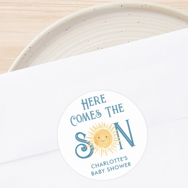 Here Comes The Son Baby Shower Classic Round Sticker (Creator Uploaded)