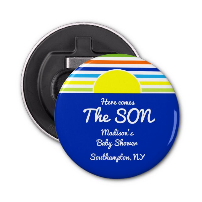 Here Comes The Son Baby Shower Favour Bottle Opener (Front)