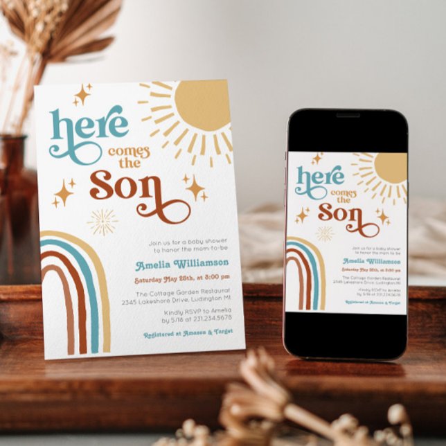 Here Comes the Son Baby Shower Invitation (Here Comes the Son Boho Retro Rainbow Sunshine Baby Shower Invitation)