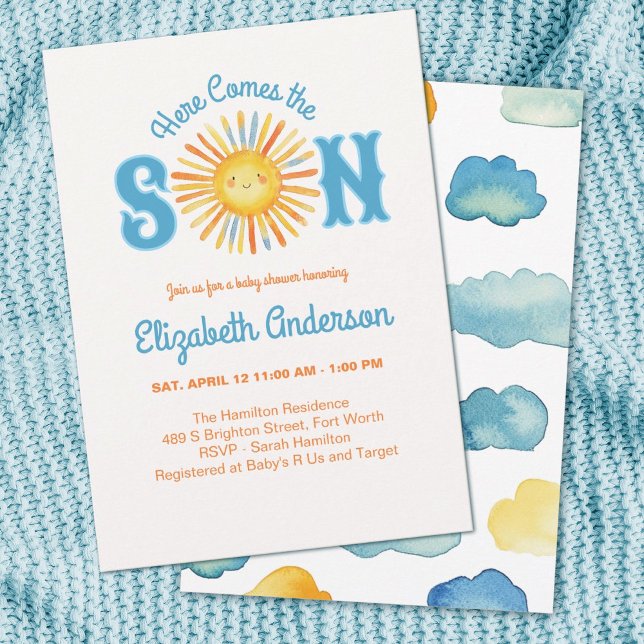 Here Comes the Son Baby Shower Invitation (A cute baby boy shower invitation with the theme,"Here Comes the Son" Adorable!)