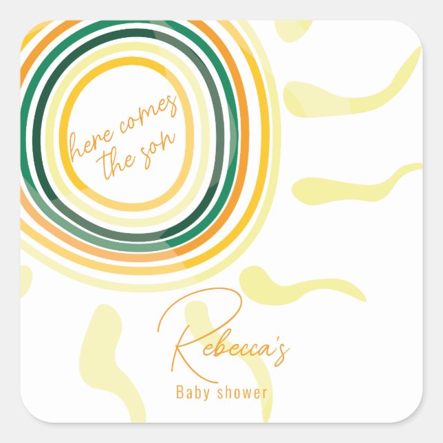 Here comes the son Baby Shower Invitation Square Sticker (Front)