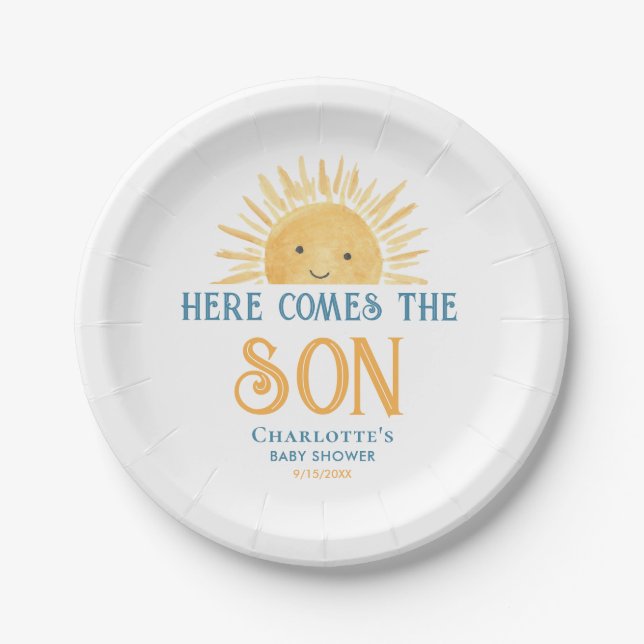Here Comes The Son Baby Shower Paper Plate (Front)