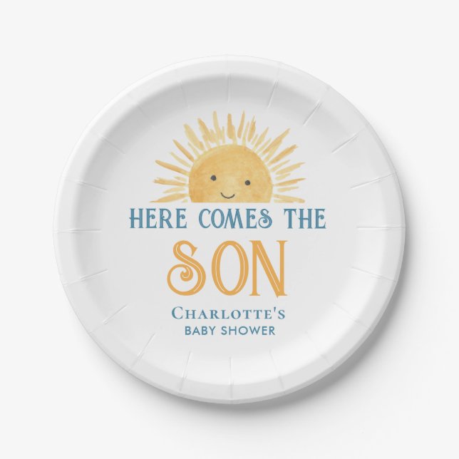 Here Comes The Son Baby Shower Paper Plate (Front)