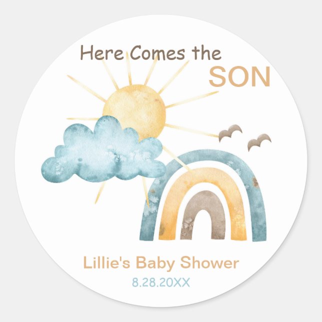 Here Comes The Son Baby Shower Paper Plates Classic Round Sticker (Front)