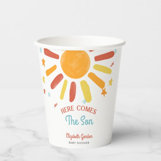 Here Comes The Son Baby Shower Retro Boy Paper Cups (Front)