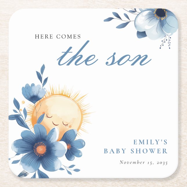 Here Comes the Son Baby Shower Square Paper Coaster (Front)