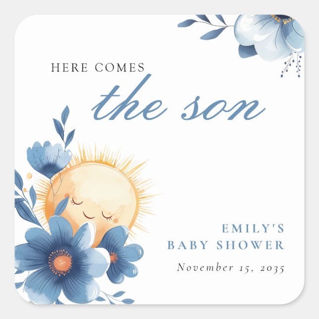 Here Comes the Son Baby Shower Square Sticker (Front)