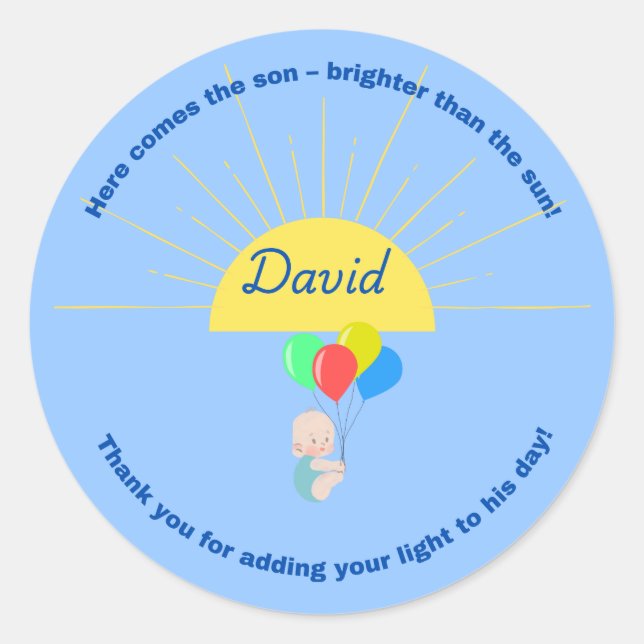 Here Comes the Son Baby Shower Sticker for boy (Front)