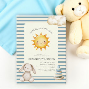 Here comes the son blue cream stripes baby shower invitation