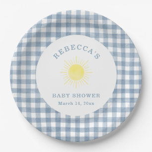 Here Comes the Son Blue Gingham Boy Baby Shower Paper Plate
