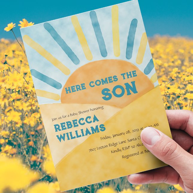 Here Comes the Son Blue Rays Sunshine Baby Shower  Invitation (Creator Uploaded)