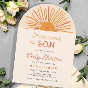 Here comes the son boho arch sun boy baby shower invitation