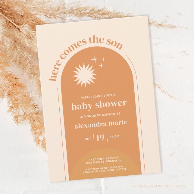 Here Comes the Son Boho Baby Shower Invitation (Here comes the son, boho baby shower invitation. Ochre terracotta with arc, sunshine, and stars.)