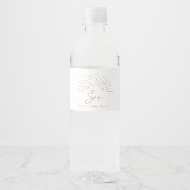 Here Comes The Son Boho Baby Shower Water Bottle Label (Front)