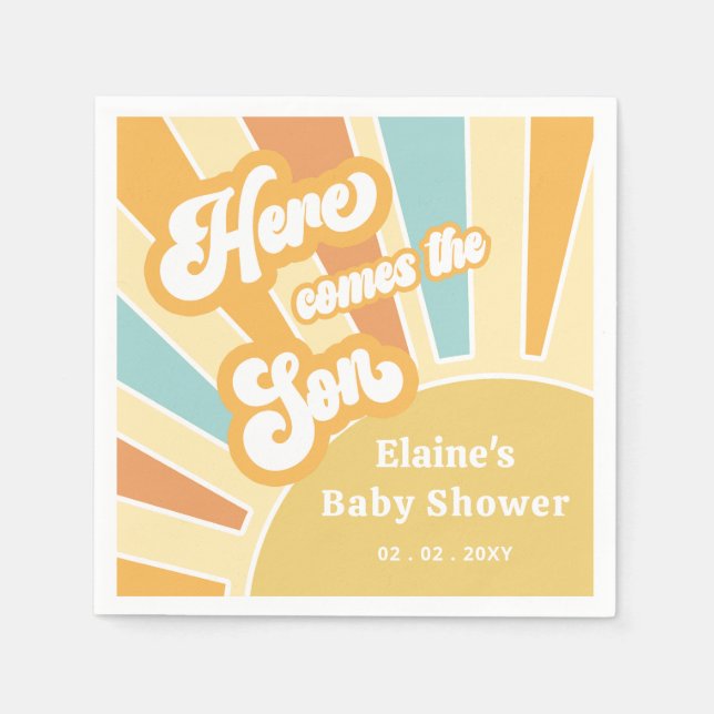 Here comes the son boho retro baby shower  napkin (Front)