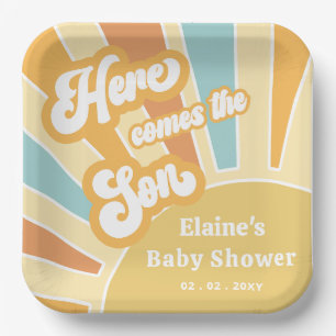 Here comes the son boho retro baby shower paper plate