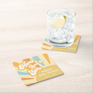 Here comes the son boho retro baby shower square paper coaster