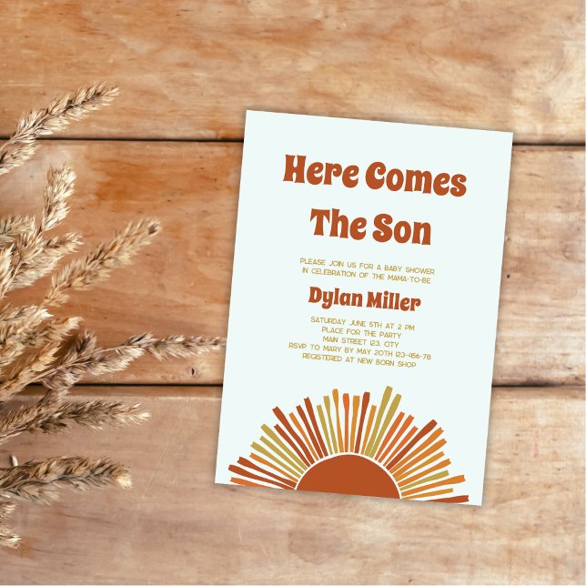 Here Comes The Son Boho Retro Boy Baby Shower Invitation (here comes the son baby shower invitation  boho sunshine retro boy shower burned yellow orange brown)