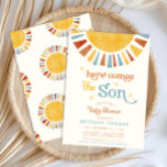 Here Comes the Son Boho Retro Boy Baby Shower Invitation<br><div class="desc">This adorable boho invitation features a watercolor sun,  set against a soft vintage white background. The muted colours of yellow,  orange,  and blue combined with the retro font add a charming 70s feel. Fully customisable with your details,  this invitation is perfect for welcoming your little ray of sunshine.</div>