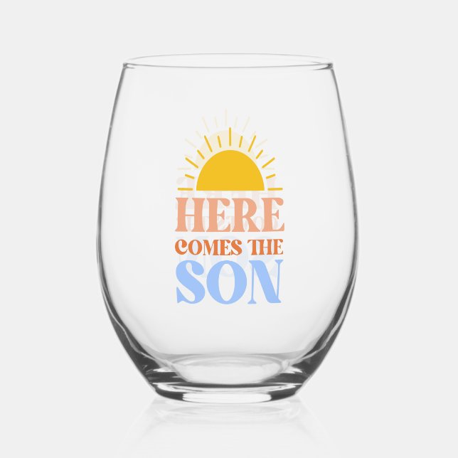 Here Comes The Son Boy Baby Shower Stemless Wine Glass (Front)