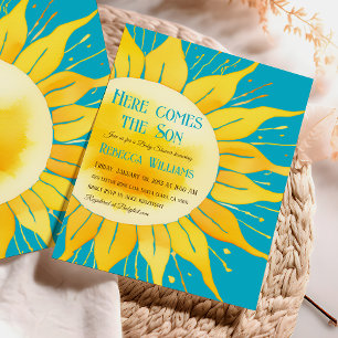 Here Comes the Son Boy Blue Sunshine Baby Shower Invitation