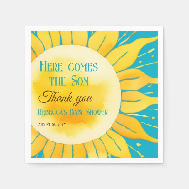 Here Comes the Son Boy Blue Sunshine Baby Shower Napkin (Front)