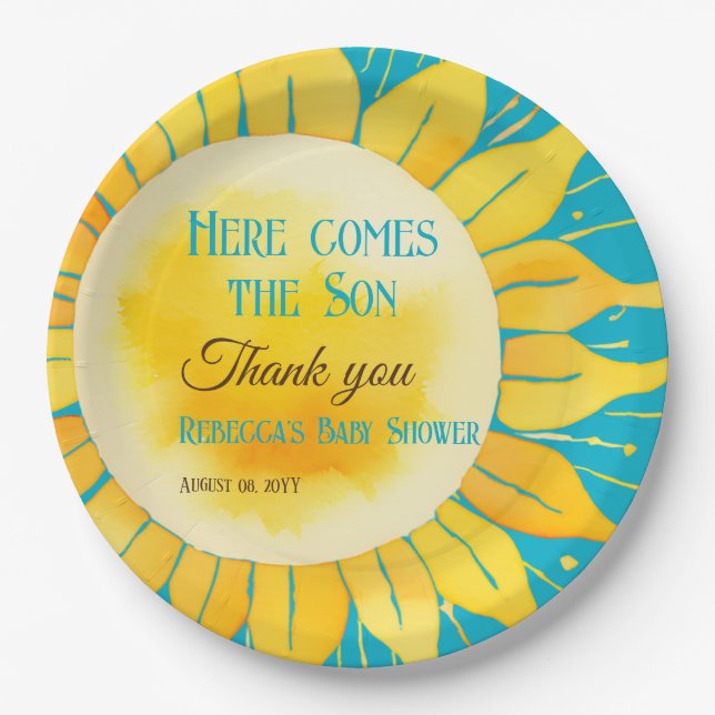 Here Comes the Son Boy Blue Sunshine Baby Shower Paper Plate (Front)