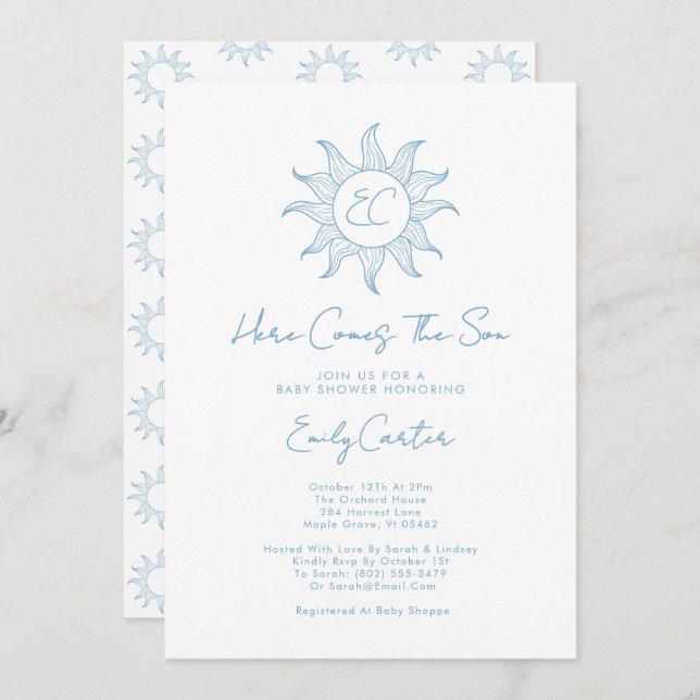 Here Comes The Son Boy Sunshine Baby Shower Blue Invitation (Front/Back)