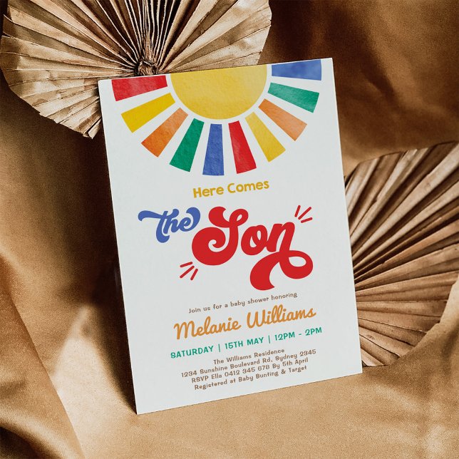 Here Comes the Son Colourful Sun Boy Baby Shower Invitation (Creator Uploaded)