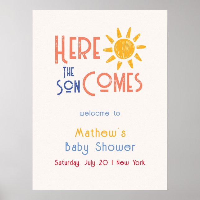 Here Comes The Son Cute Retro Baby Shower Welcome  Poster (Front)