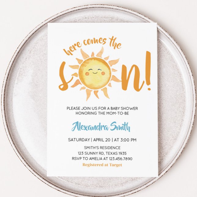 Here Comes the Son Cute Sun Baby Shower Invitation (Here Comes the Son Baby Shower Invitation)