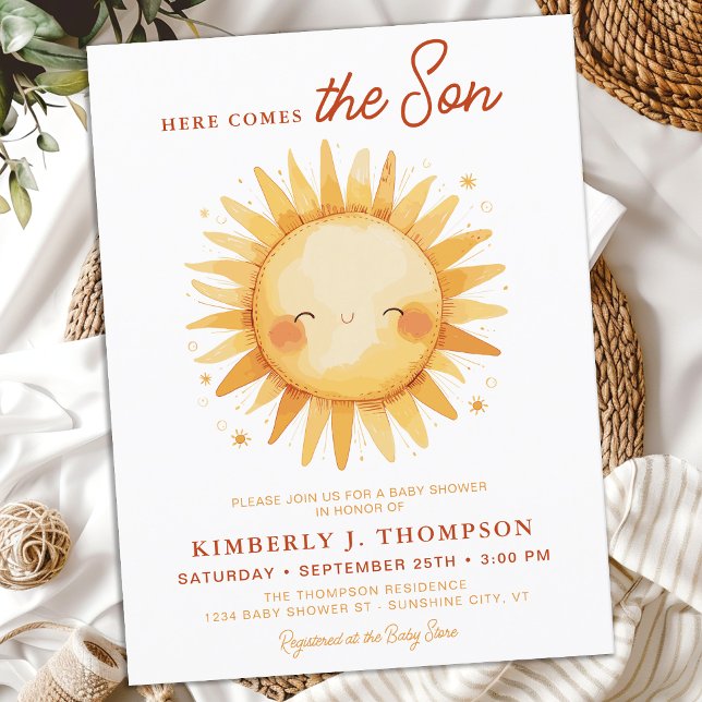 Here Comes The Son Cute Sunshine Boy Baby Shower Invitation Postcard (Creator Uploaded)