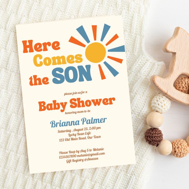 Here comes the son groovy retro baby shower invitation (Here comes the son groovy retro baby shower invitation editable template instant digital download)