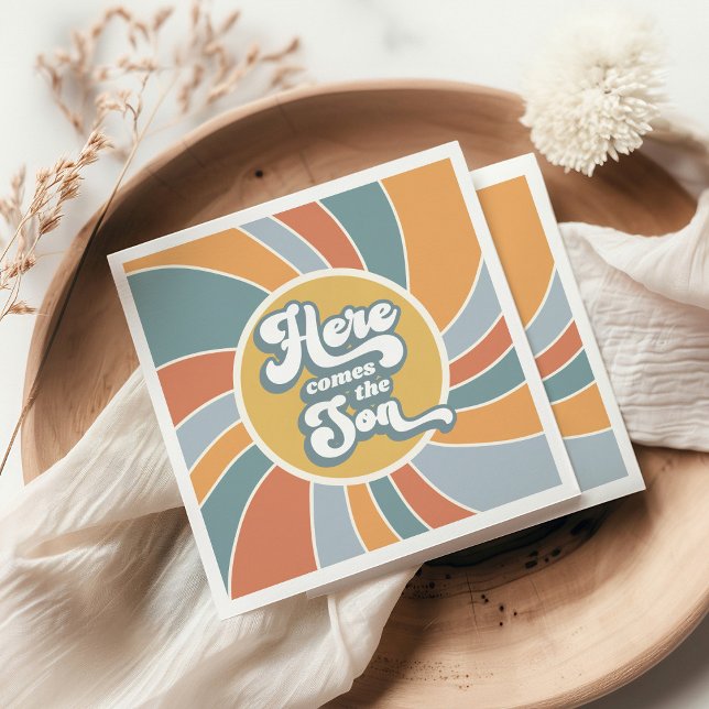 Here Comes The Son Groovy Retro Sun Baby Shower Napkin (Creator Uploaded)
