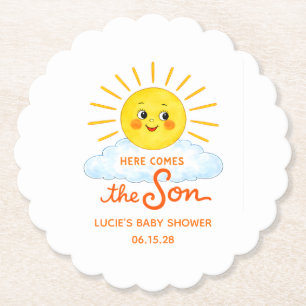Here Comes the Son Hand Drawn Sunshine Baby Shower Paper Coaster