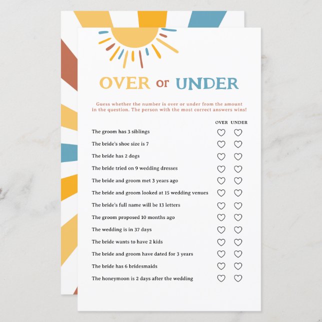 Here Comes The Son Over or Under Game Cards (Front/Back)