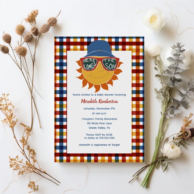Here Comes the Son Plaid Baby Boy Shower Invitation (Creator Uploaded)