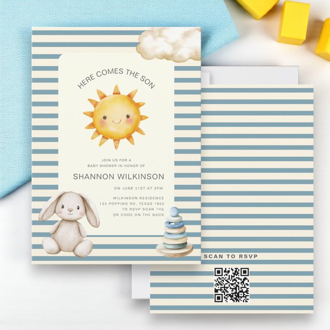 Here comes the son QR code stripes baby shower Invitation (Creator Uploaded)