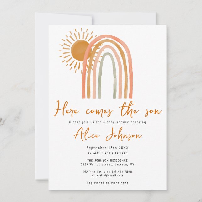 Here Comes The Son Rainbow Boho Boy Baby Shower Invitation (Front)