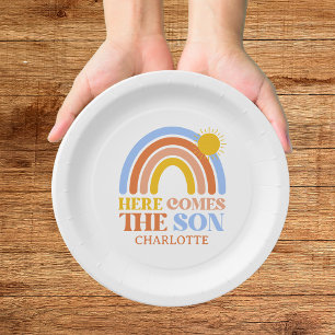 Here Comes The Son Rainbow Boy Baby Shower Paper Plate