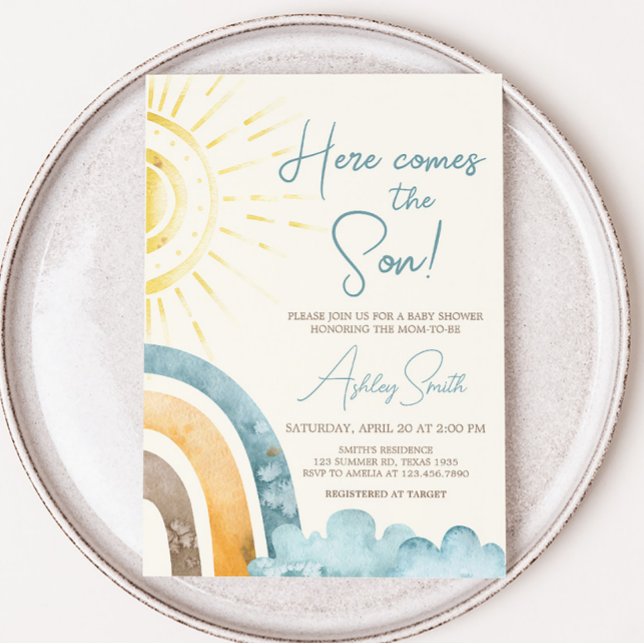 Here Comes The Son Retro Baby Shower Invitation (Boho Here Comes The Sun Baby Shower Invitation)
