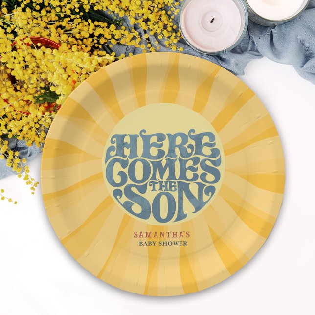 Here Comes the Son Retro Baby Shower Paper Plate (Here comes the son baby shower paper plate celebration decor with a retro sun with rays.)