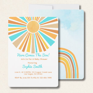 Here Comes The Son, Retro Boho Rainbow Invitation