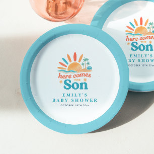 Here Comes The Son Retro Boy Baby Shower Paper Plate