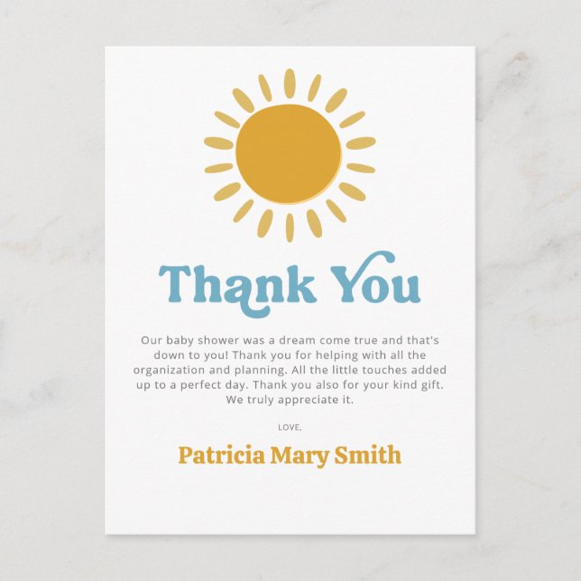 Here comes the son retro boy baby shower Thank You Postcard (Front)