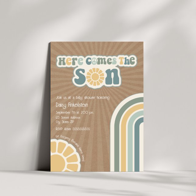 Here Comes The Son Retro Hippie Boy Baby Shower Invitation (Creator Uploaded)
